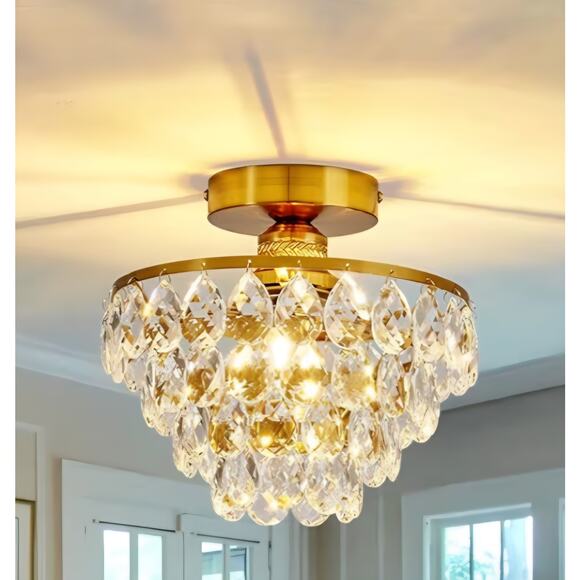 YYJLX Modern Crystal Semi Flush Mount Gold Ceiling Light Fixture 9.8" E26 - Picture 10 of 11